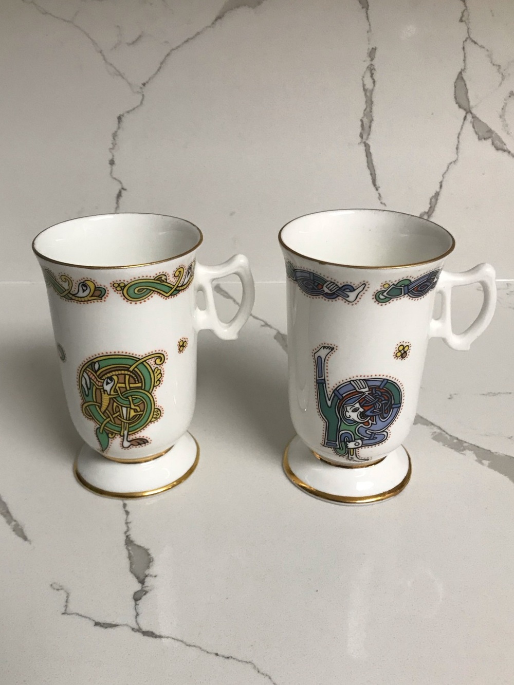 Royal Tara Book of Kells Footed Mugs with Green & Blue Celtic Motif Set of 2